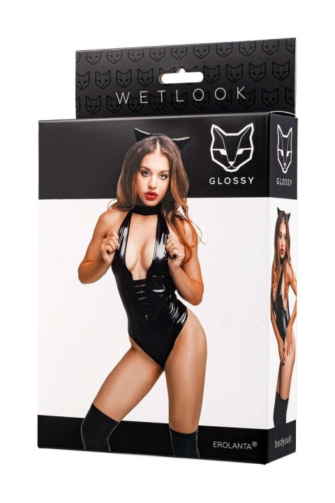 Glossy Kitti, bodysuit and cat ears, wetlook, black, XL
