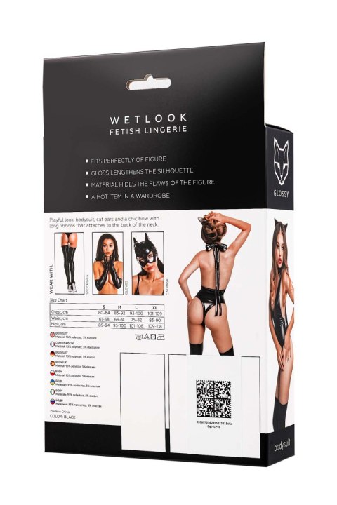 Glossy Kitti, bodysuit and cat ears, wetlook, black, XL
