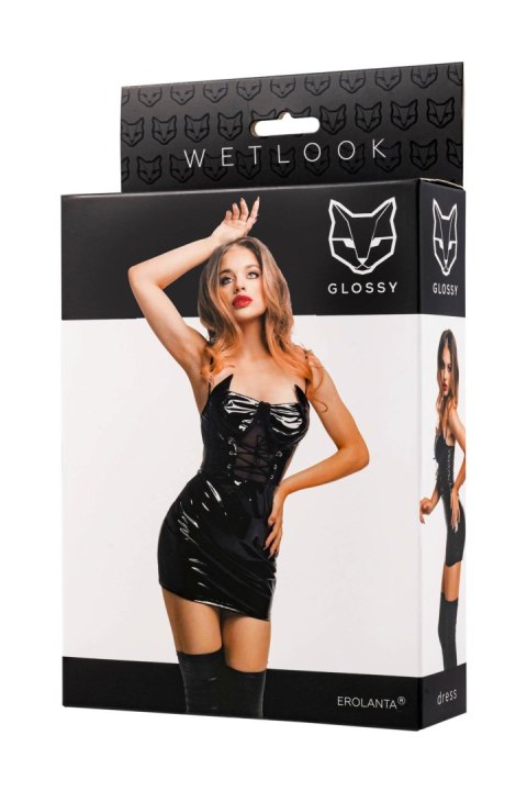 Glossy Mirabell, dress, wetlook, black, XL