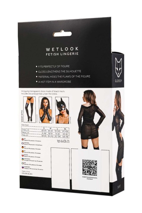Glossy Sheril, set (dress, bra +panties), wetlook, black, L