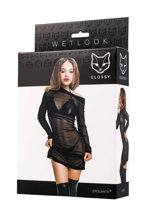 Glossy Sheril, set (dress, bra +panties), wetlook, black, S