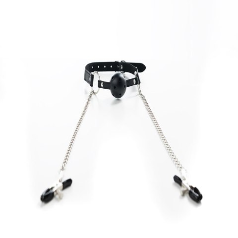 Breathable ball gag with adjustable nipple
clamps.